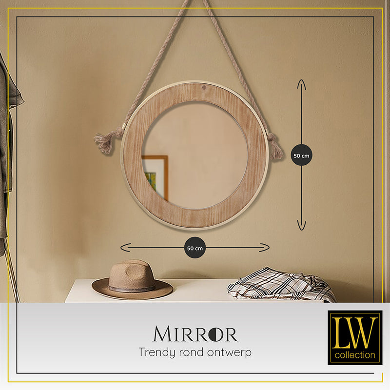 LW Collection Wandspiegel met touw bruin rond 50x50 cm hout en goud metaal spiegels wandspiegel wandspiegels 