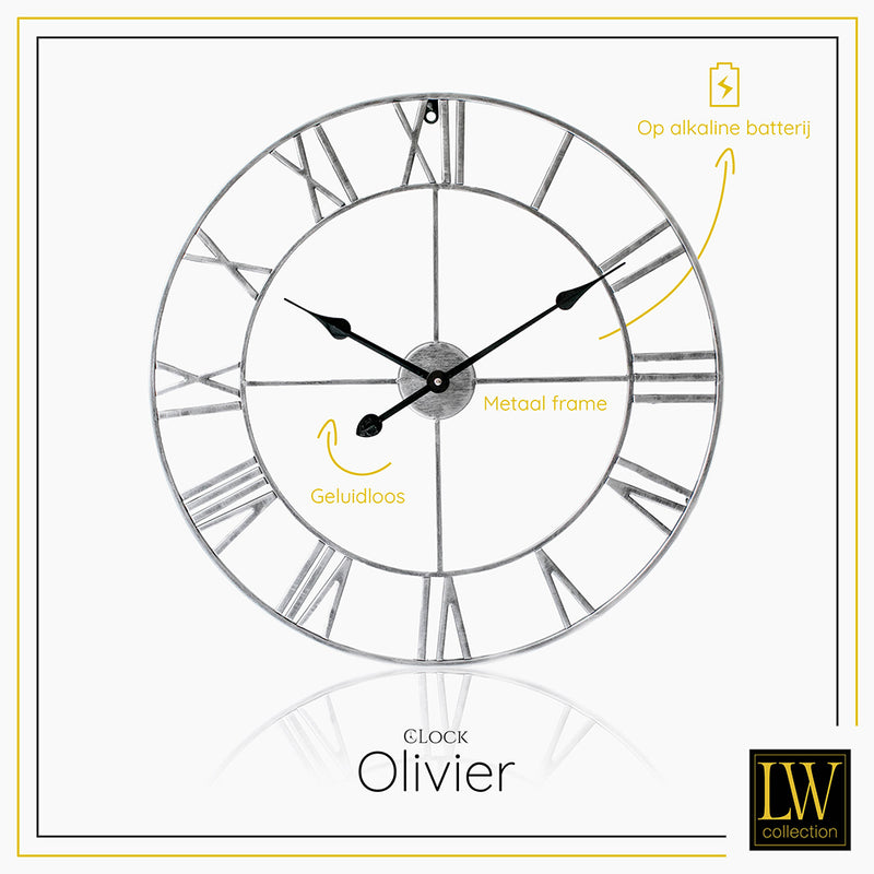 LW Collection Wandklok Olivier zilver 60cm - Wandklok romeinse cijfers - Industriële wandklok stil uurwerk wandklok wandklokken klokken uurwerk klok