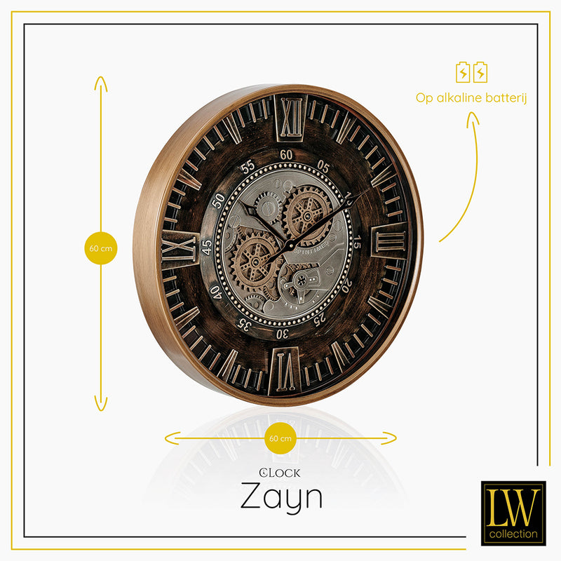 LW Collection Wandklok radar Zayn bruin 59.5cm - Wandklok romeinse cijfers draaiende tandwielen - Industriële wandklok stil uurwerk wandklok wandklokken klokken uurwerk klok