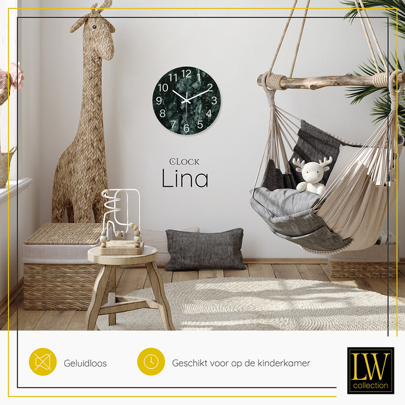LW Collection Keukenklok Lina groen wit marmer 30cm - Wandklok stil uurwerk