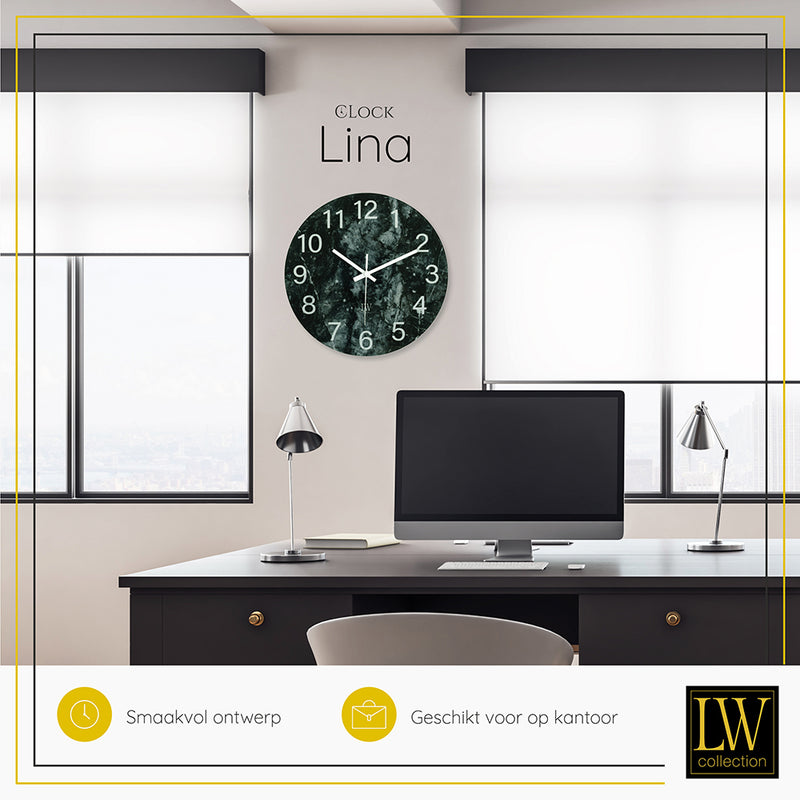 LW Collection Horloge de cuisine Lina marbre blanc noir 30cm - Horloge murale mouvement silencieux