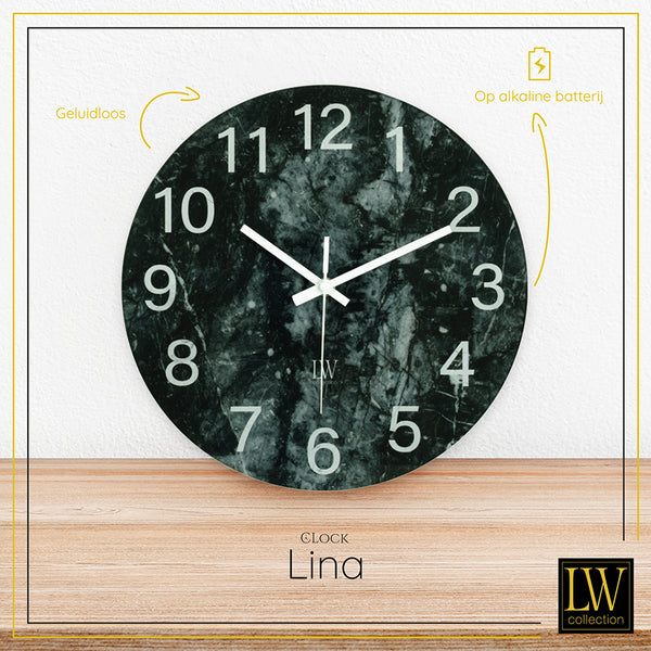 LW Collection Keukenklok Lina zwart groen marmer 30cm - Wandklok stil uurwerk
