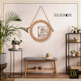 LW Collection Wandspiegel met touw bruin rond 50x50 cm hout en goud metaal