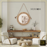LW Collection Wandspiegel met touw bruin rond 50x50 cm hout en goud metaal