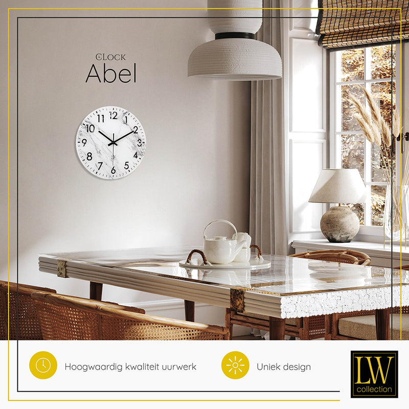 LW Collection Keukenklok Abel wit marmer 30cm - Wandklok stil uurwerk wandklok wandklokken klokken uurwerk klok
