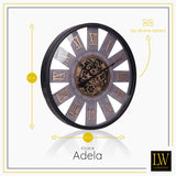 LW Collection Wandklok radar Adela zwart 80cm - Wandklok romeinse cijfers draaiende tandwielen - Industriële wandklok stil uurwerk wandklok wandklokken klokken uurwerk klok