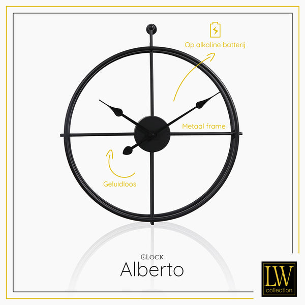 LW Collection Wandklok Alberto zwart 52cm - Wandklok modern - Stil uurwerk - Industriële wandklok wandklok wandklokken klokken uurwerk klok
