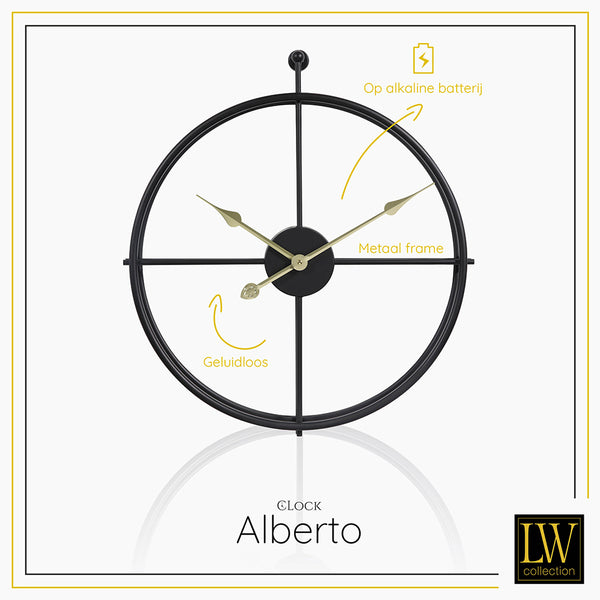 LW Collection Wandklok Alberto zwart met gouden wijzers 52cm - Wandklok modern - Stil uurwerk - industriële wandklok wandklok wandklokken klokken uurwerk klok