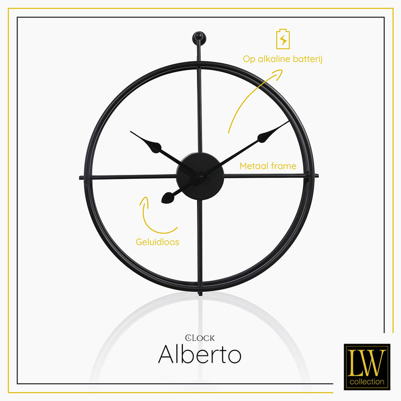 LW Collection Wandklok Alberto zwart 62cm - Wandklok modern - Stil uurwerk - Industriële wandklok wandklok wandklokken klokken uurwerk klok