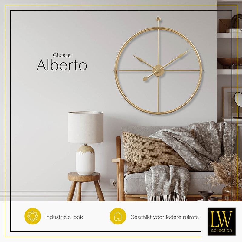 LW Collection Wandklok XL Alberto goud 80cm - Wandklok minimalistisch - Industriële wandklok stil uurwerk wandklok wandklokken klokken uurwerk klok
