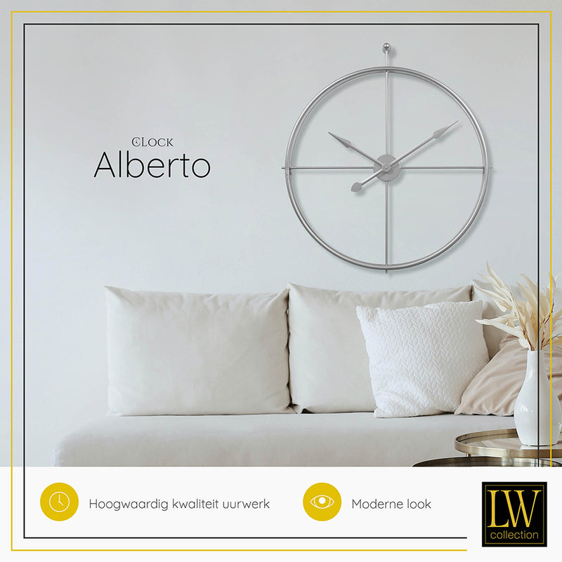 LW Collection Wandklok XL Alberto zilver 80cm - Wandklok minimalistisch - Industriële wandklok stil uurwerk wandklok wandklokken klokken uurwerk klok