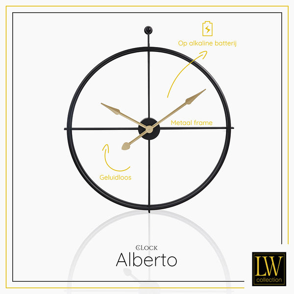 LW Collection Wandklok XL Alberto zwart met gouden wijzers 80cm - Wandklok minimalistisch - Industriële wandklok stil uurwerk wandklok wandklokken klokken uurwerk klok