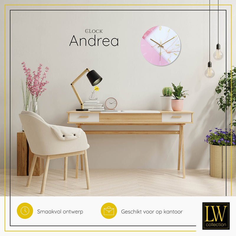 LW Collection Keukenklok Andrea wit roze 30cm - Wandklok stil uurwerk wandklok wandklokken klokken uurwerk klok