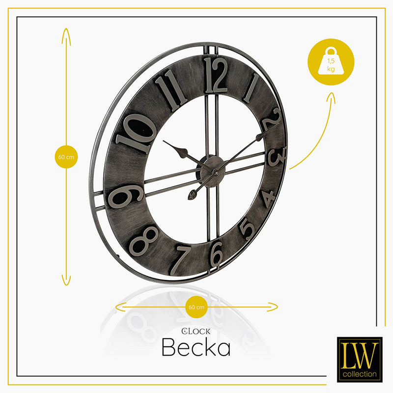 LW Collection Wandklok Becka grijs zilver 60cm - Wandklok modern - Stil uurwerk - Industriële wandklok wandklok wandklokken klokken uurwerk klok