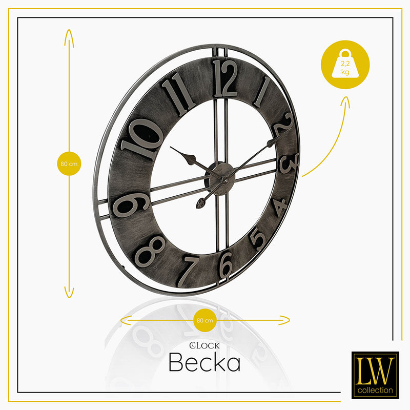 LW Collection Wandklok Becka grijs zilver 80cm - Wandklok modern - Stil uurwerk - Industriële wandklok wandklok wandklokken klokken uurwerk klok