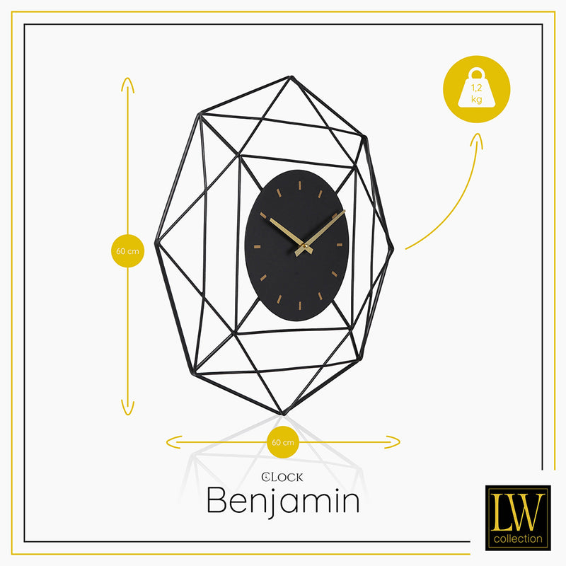 LW Collection Wandklok Benjamin zwart 60CM - Wandklok modern - Stil uurwerk - Industriële wandklok wandklok wandklokken klokken uurwerk klok