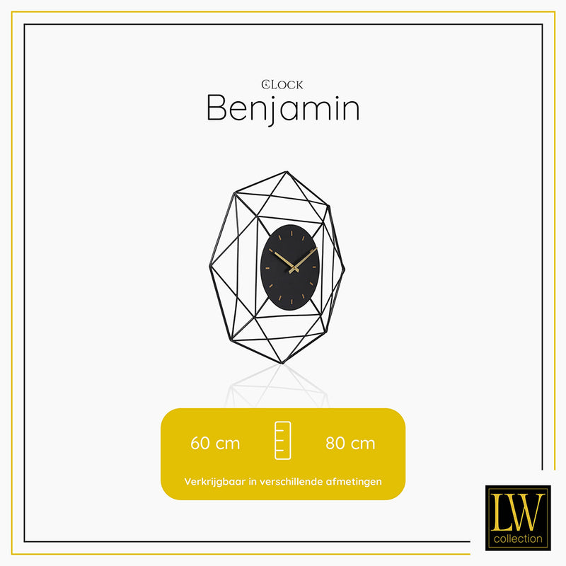 LW Collection Wandklok Benjamin zwart 60CM - Wandklok modern - Stil uurwerk - Industriële wandklok wandklok wandklokken klokken uurwerk klok