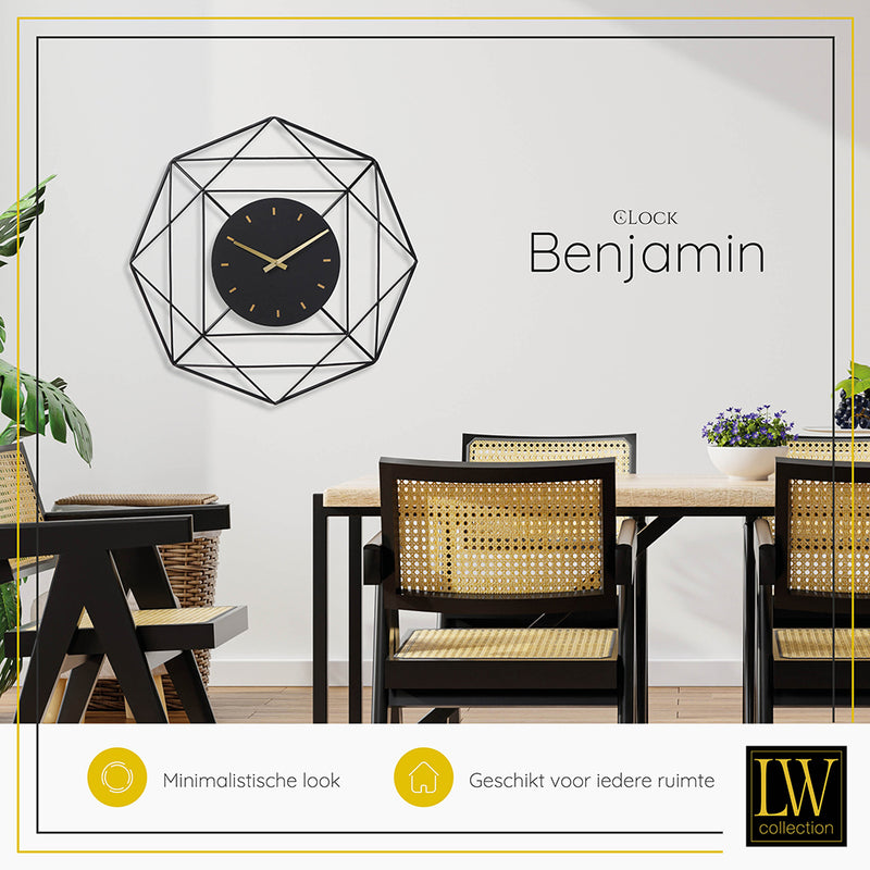 LW Collection Wandklok Benjamin zwart 80CM - Wandklok modern - Stil uurwerk - Industriële wandklok wandklok wandklokken klokken uurwerk klok
