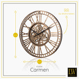 LW Collection Wandklok radar Carmen brons 60cm - Wandklok romeinse cijfers draaiende tandwielen - Industriële wandklok stil uurwerk wandklok wandklokken klokken uurwerk klok