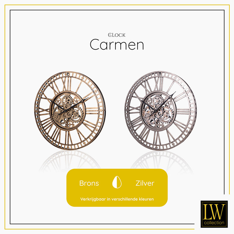LW Collection Wandklok radar Carmen zilver 60cm - Wandklok romeinse cijfers draaiende tandwielen - Industriële wandklok stil uurwerk wandklok wandklokken klokken uurwerk klok