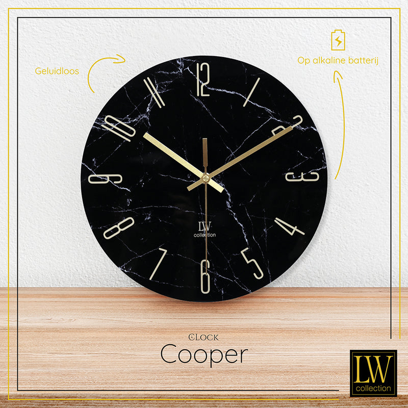 LW Collection Keukenklok Cooper zwart marmer 30cm - Wandklok stil uurwerk wandklok wandklokken klokken uurwerk klok