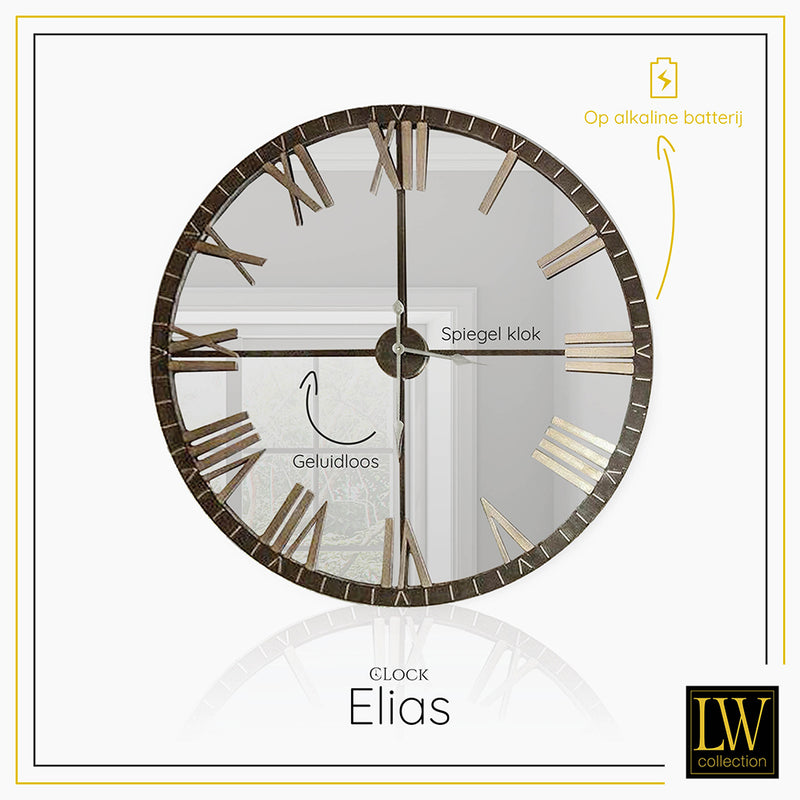 LW Collection Wandklok Elias spiegelklok Zwart Grijs 60cm - Wandklok romeinse cijfers - Industriële wandklok stil uurwerk wandklok wandklokken klokken uurwerk klok