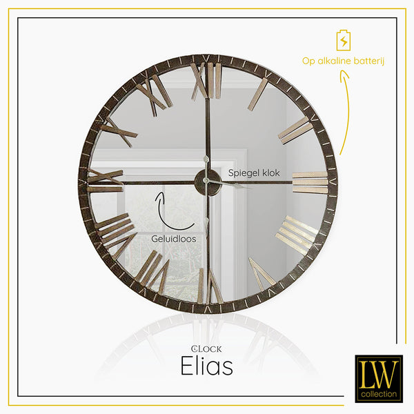 LW Collection Wandklok Elias spiegelklok Zwart grijs 80cm - Wandklok romeinse cijfers - Industriële wandklok stil uurwerk wandklok wandklokken klokken uurwerk klok