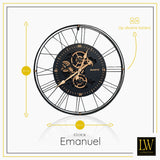 LW Collection Wandklok radar Emanuel zwart 62cm - Wandklok romeinse cijfers draaiende tandwielen - Industriële wandklok stil uurwerk wandklok wandklokken klokken uurwerk klok
