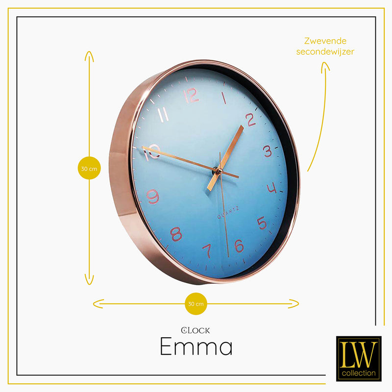 LW Collection Keukenklok Emma lichtblauw rosé 30cm - Wandklok stil uurwerk wandklok wandklokken klokken uurwerk klok