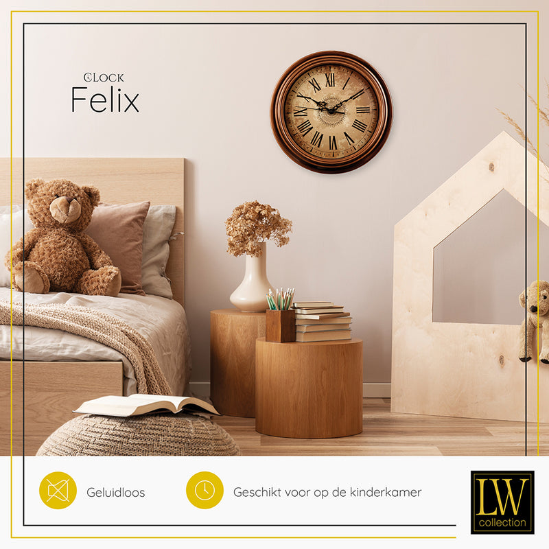 LW Collection Keukenklok Felix bruin 30cm - Wandklok stil uurwerk wandklok wandklokken klokken uurwerk klok