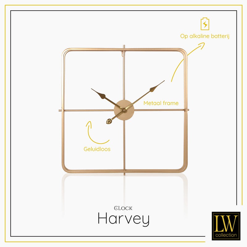 LW Collection Wandklok Harvey Goud 80cm - Wandklok modern - Industriële wandklok stil uurwerk wandklok wandklokken klokken uurwerk klok