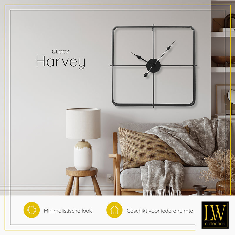 LW Collection Wandklok Harvey Zwart 80cm - Wandklok modern - Industriële wandklok stil uurwerk wandklok wandklokken klokken uurwerk klok