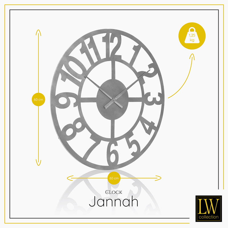 LW Collection Wandklok Jannah zilver 60cm - Wandklok modern - Stil uurwerk - Industriële wandklok wandklok wandklokken klokken uurwerk klok