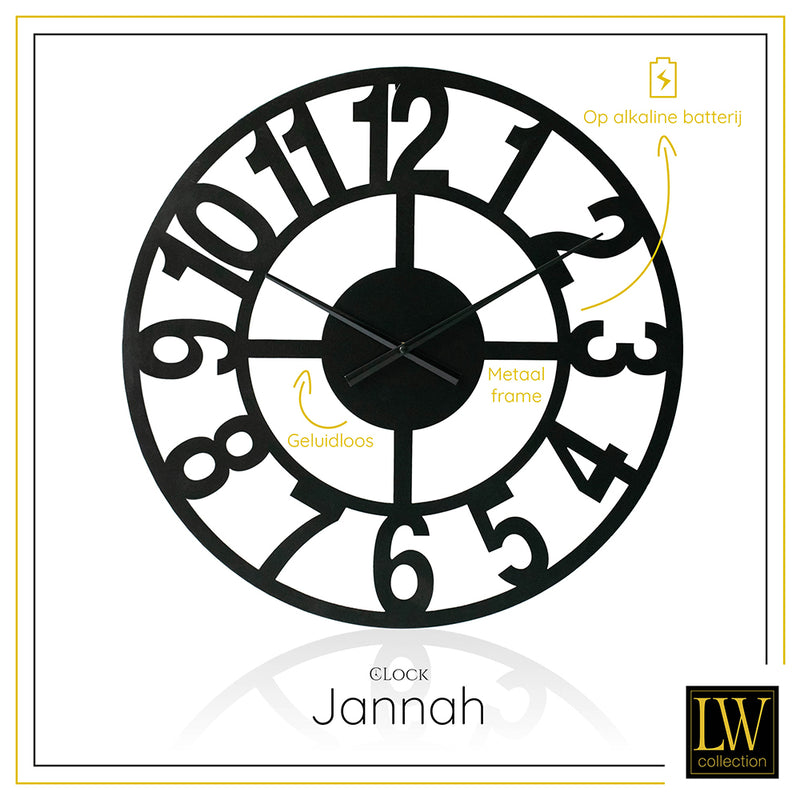 LW Collection Wandklok Jannah zwart 60cm - Wandklok modern - Industriële wandklok stil uurwerk wandklok wandklokken klokken uurwerk klok
