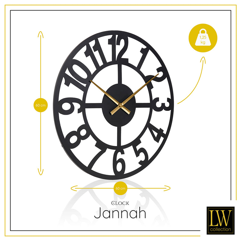Wanduhr Jannah schwarz mit goldenen Zeigern 60cm - Wanduhr modern - Industrielle Wanduhr mit leisem Uhrwerk
