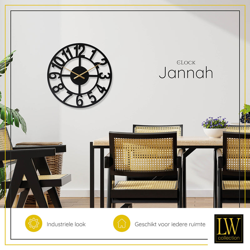LW Collection Wall clock Jannah black with gold hands 60cm - Wall clock modern - Industrial wall clock silent movement