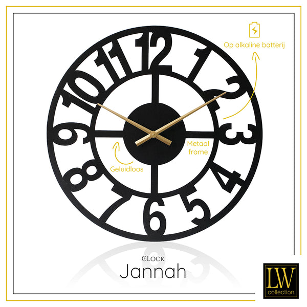 LW Collection Horloge murale Jannah noire avec aiguilles dorées 60cm - Horloge murale moderne - Horloge murale industrielle mouvement silencieux