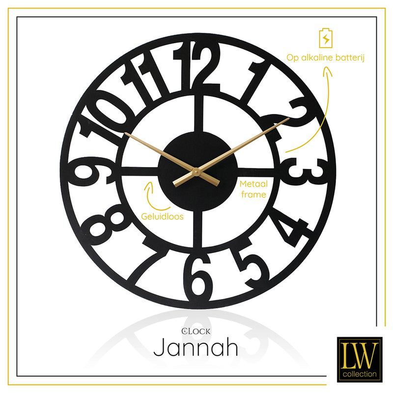 Wanduhr Jannah schwarz mit goldenen Zeigern 60cm - Wanduhr modern - Industrielle Wanduhr mit leisem Uhrwerk