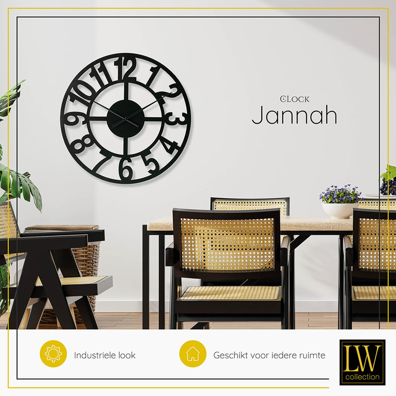 LW Collection Wandklok XL Jannah zwart 80cm - Wandklok modern - Industriële wandklok stil uurwerk wandklok wandklokken klokken uurwerk klok