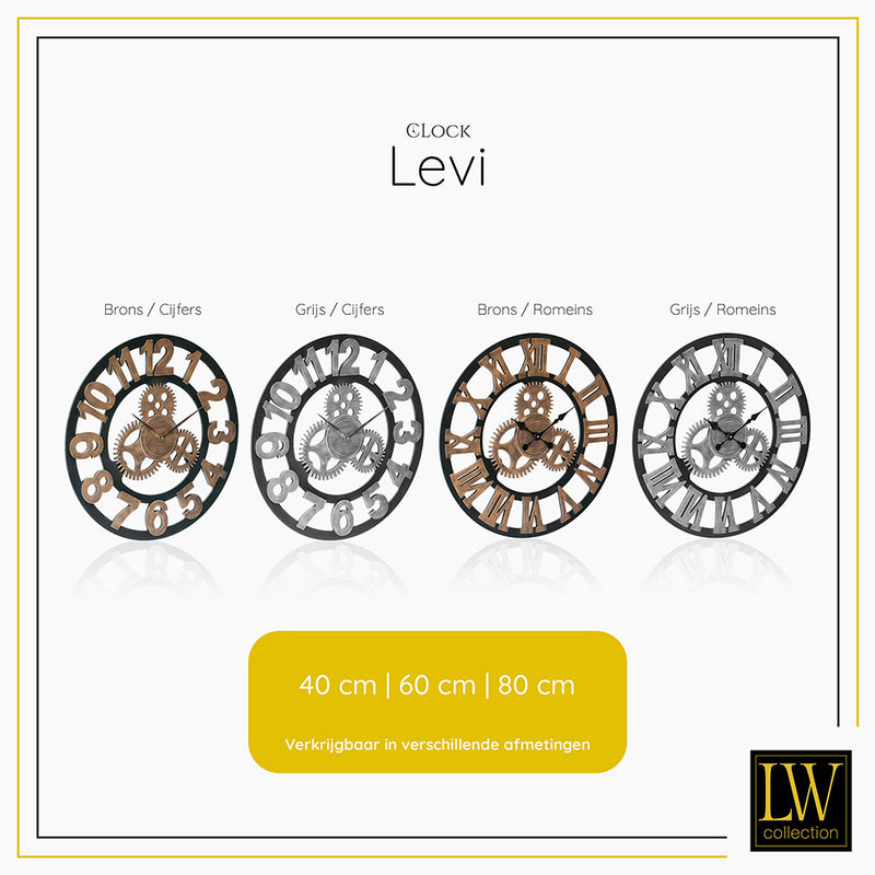 LW Collection Wandklok Levi brons cijfers 40cm - Wandklok hout met tandwielen - Industriële landelijke wandklok stil uurwerk wandklok wandklokken klokken uurwerk klok