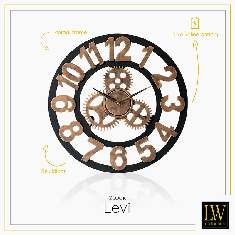 LW Collection Wandklok Levi brons cijfers 40cm - Wandklok hout met tandwielen - Industriële landelijke wandklok stil uurwerk wandklok wandklokken klokken uurwerk klok