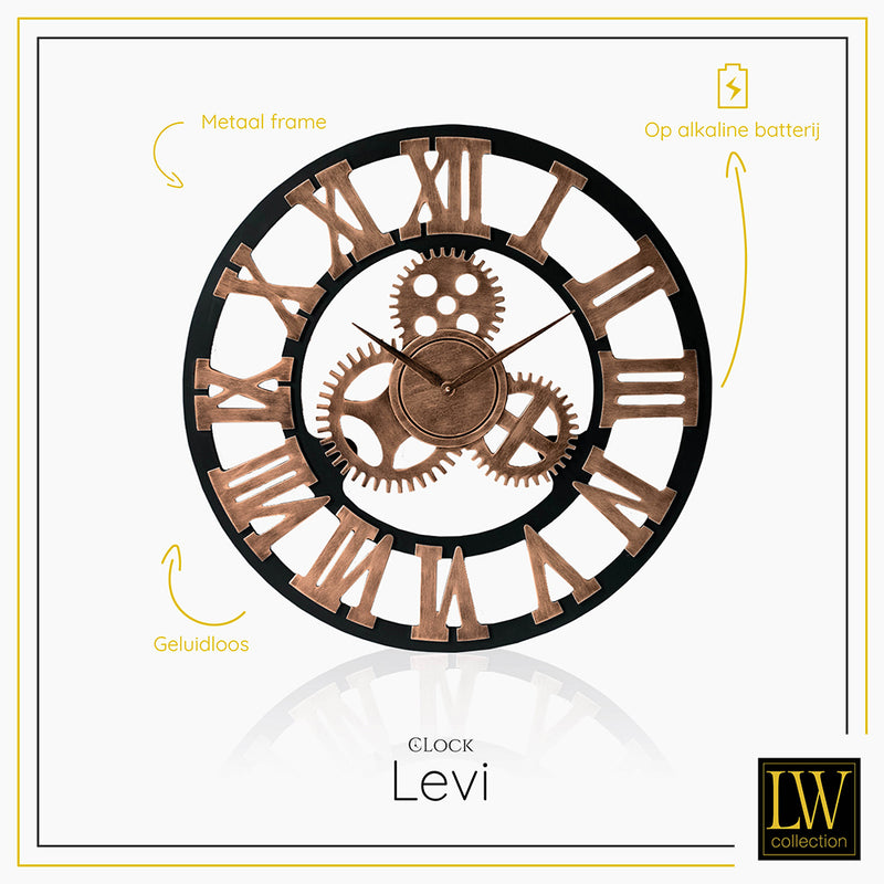 LW Collection Wandklok Levi brons grieks 40cm - Wandklok romeinse cijfers - Industriele wandklok stil uurwerk wandklok wandklokken klokken uurwerk klok
