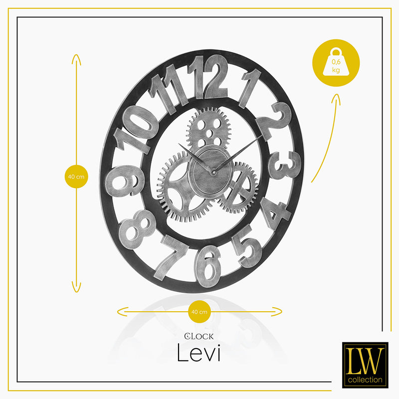 LW Collection Wandklok Levi grijs cijfers 40cm - Wandklok met tandwielen - Industriële wandklok stil uurwerk wandklok wandklokken klokken uurwerk klok