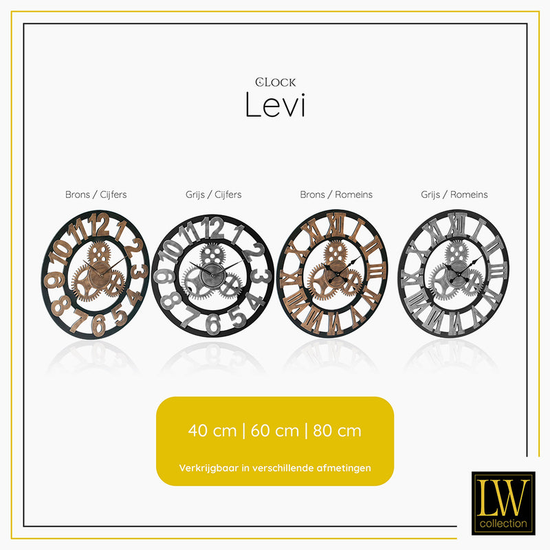 LW Collection Wandklok Levi grijs cijfers 40cm - Wandklok met tandwielen - Industriële wandklok stil uurwerk wandklok wandklokken klokken uurwerk klok