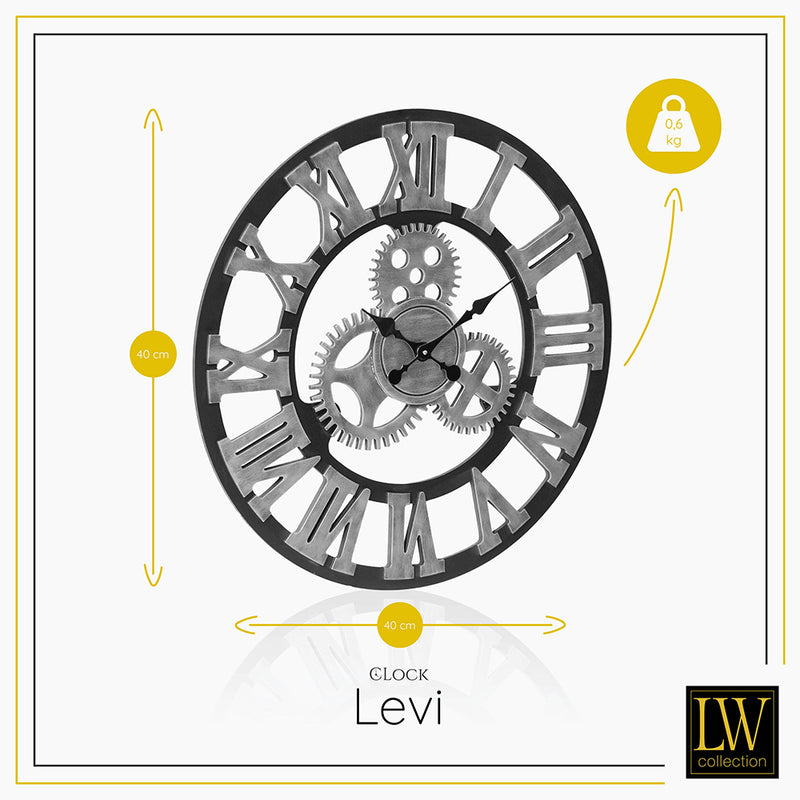 LW Collection Wandklok Levi grijs grieks 40cm - Wandklok romeinse cijfers - Industriele wandklok stil uurwerk wandklok wandklokken klokken uurwerk klok