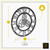 LW Collection Wandklok Levi grijs cijfers 60cm - Wandklok met tandwielen - Industriële wandklok stil uurwerk wandklok wandklokken klokken uurwerk klok