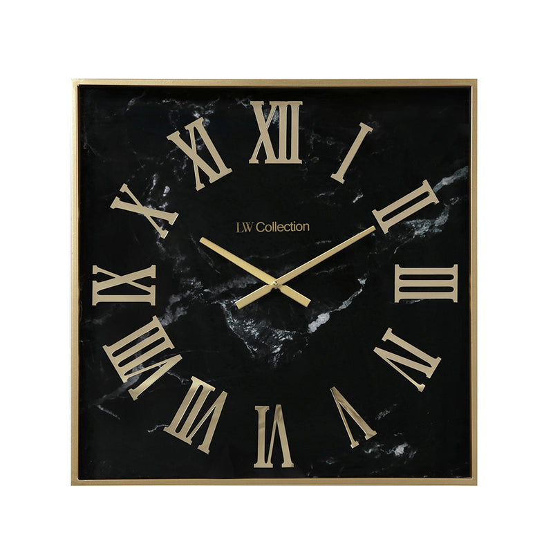 LW Collection Wandklok Malia Zwart goud marmer 60cm - Wandklok romeinse cijfers - Industriële wandklok stil uurwerk wandklok wandklokken klokken uurwerk klok