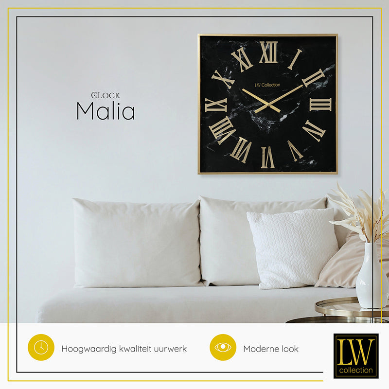 LW Collection Wandklok Malia Zwart goud 80cm - Wandklok romeinse cijfers - Industriële wandklok stil uurwerk wandklok wandklokken klokken uurwerk klok