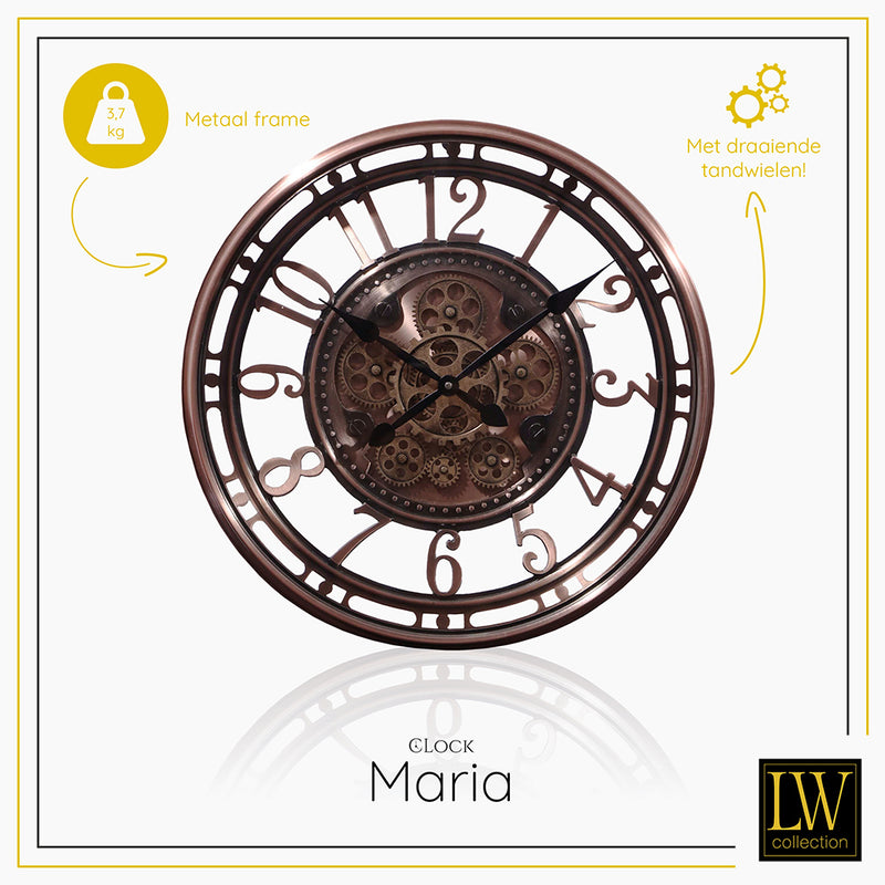 LW Collection Wandklok radar Maria Brons 54cm - Wandklok romeinse cijfers draaiende tandwielen - Industriële wandklok stil uurwerk wandklok wandklokken klokken uurwerk klok