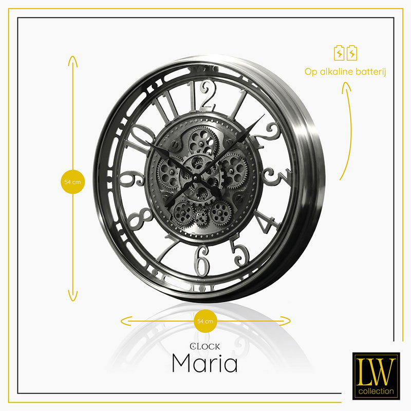 LW Collection Wandklok radar Maria zilver 54cm - Wandklok romeinse cijfers draaiende tandwielen - Industriële wandklok stil uurwerk wandklok wandklokken klokken uurwerk klok